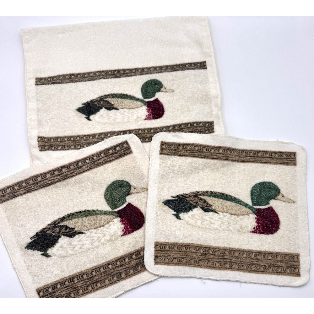 Cambridge Mallard Duck Hand Towel 2 Washcloths Set 100% Cotton Vintage Cabin
